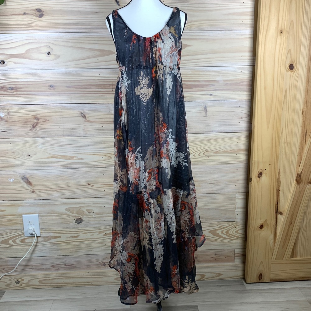 Katharine‎ Kidd Silk Maxi Dress Women 6 Sheer Floral Lurex Metallic Tiered Gown